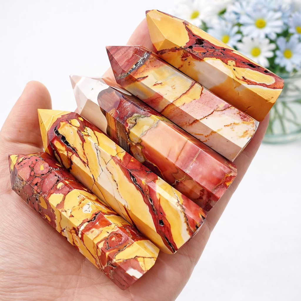 Mookaite jasper crystal towers with red yellow patterns