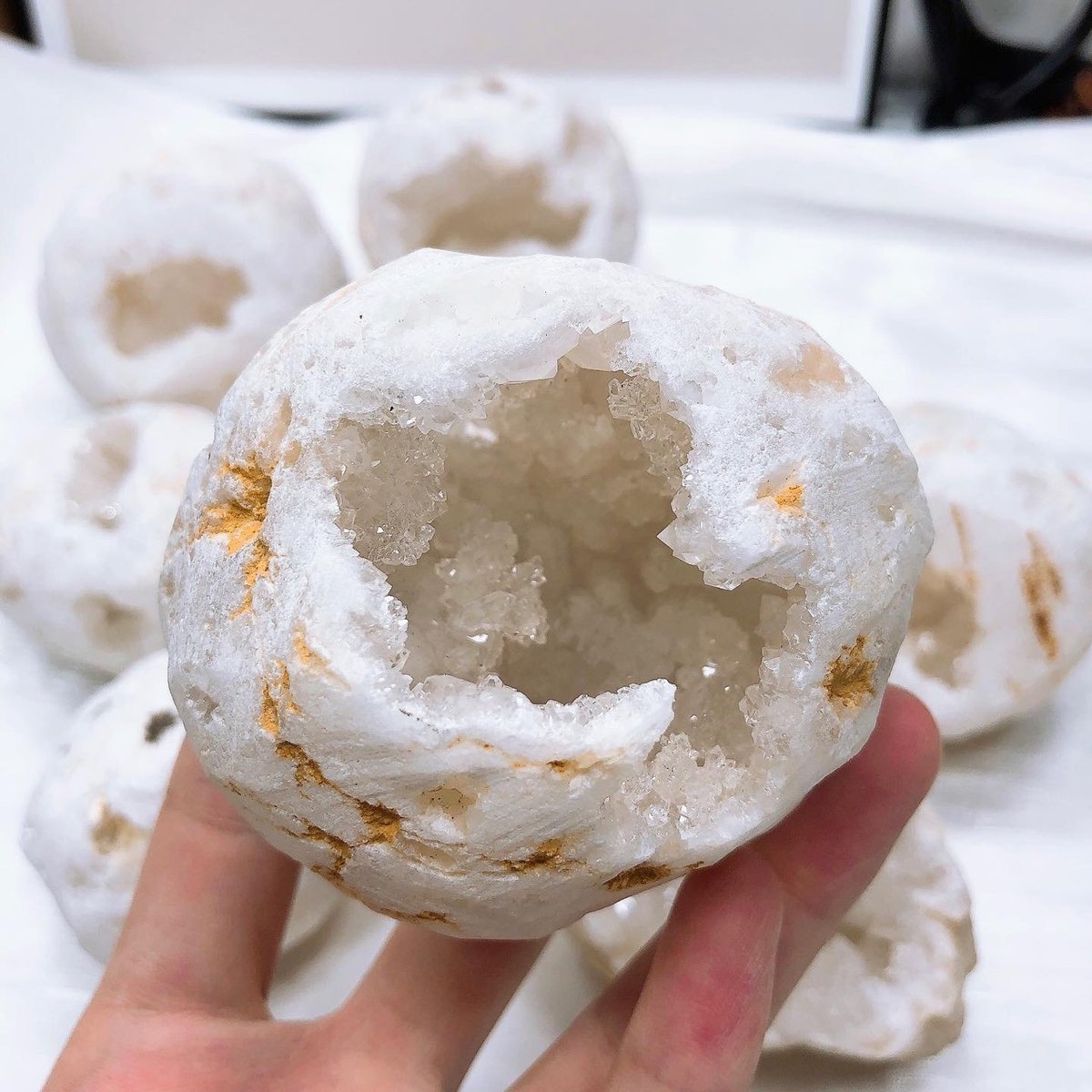 Polished Moroccan White Quartz Geode Egg Bulk Wholesale crystal close-up