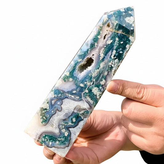 Natural Moss Agate Geode Four-Sided Points Crystal Bulk Wholesale crystal detail photo