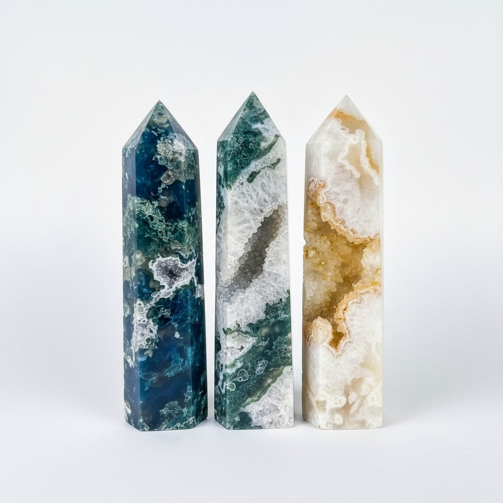 Moss Agate Geode Four-Sided Points Crystal Bulk Wholesale gemstone wholesale display