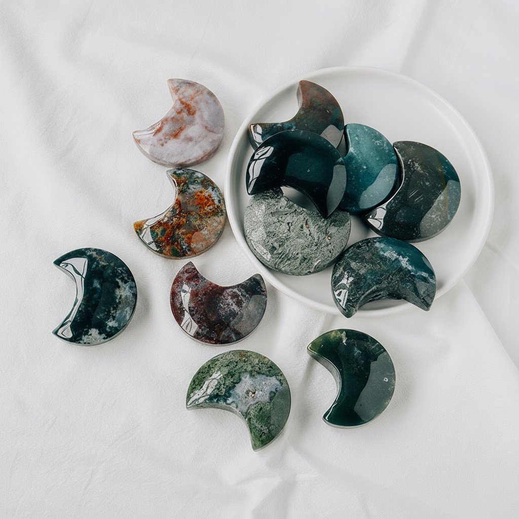 Polished Moss Agate Geode Moon Star Bulk Wholesale crystal close-up
