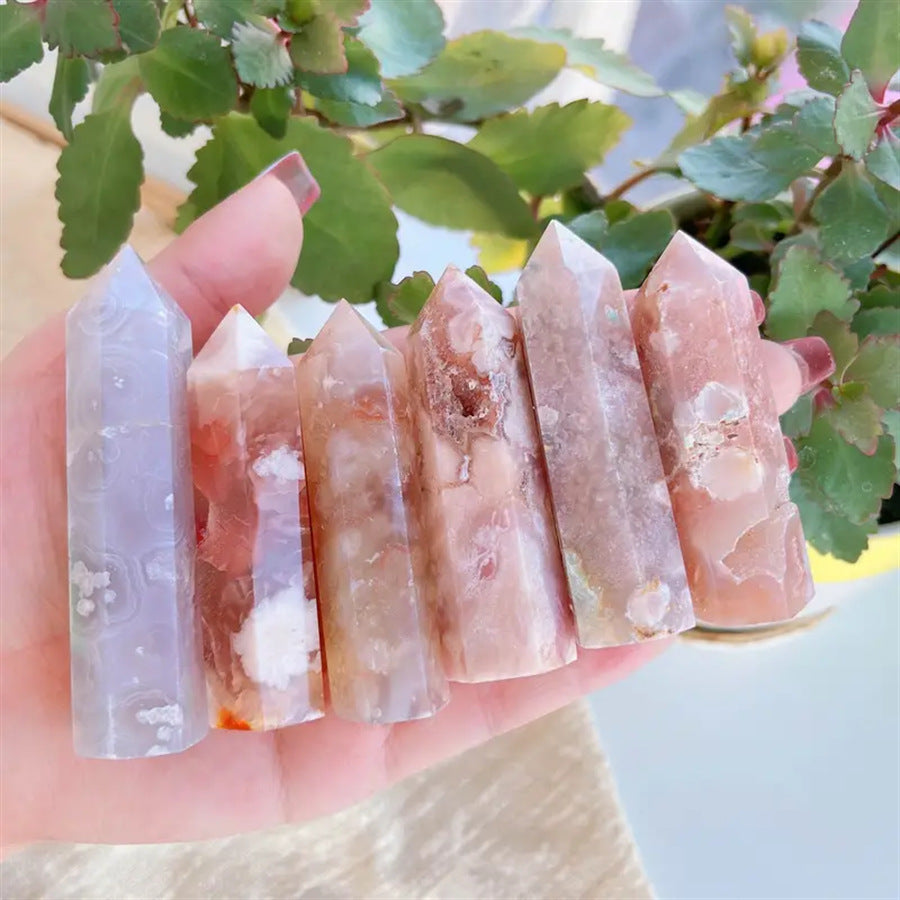 Pink flower agate tower crystal with natural patterns wholesale