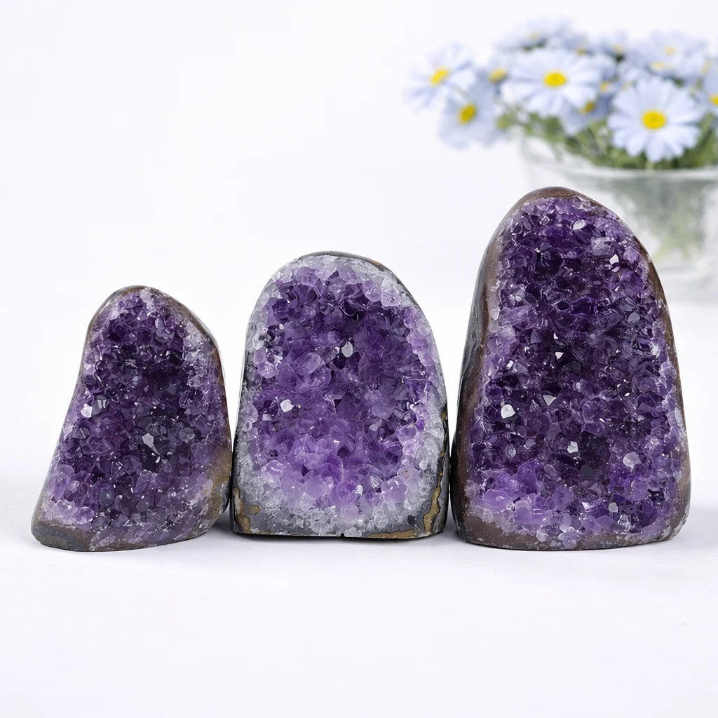 natural amethyst crystal geode purple cluster with flat base